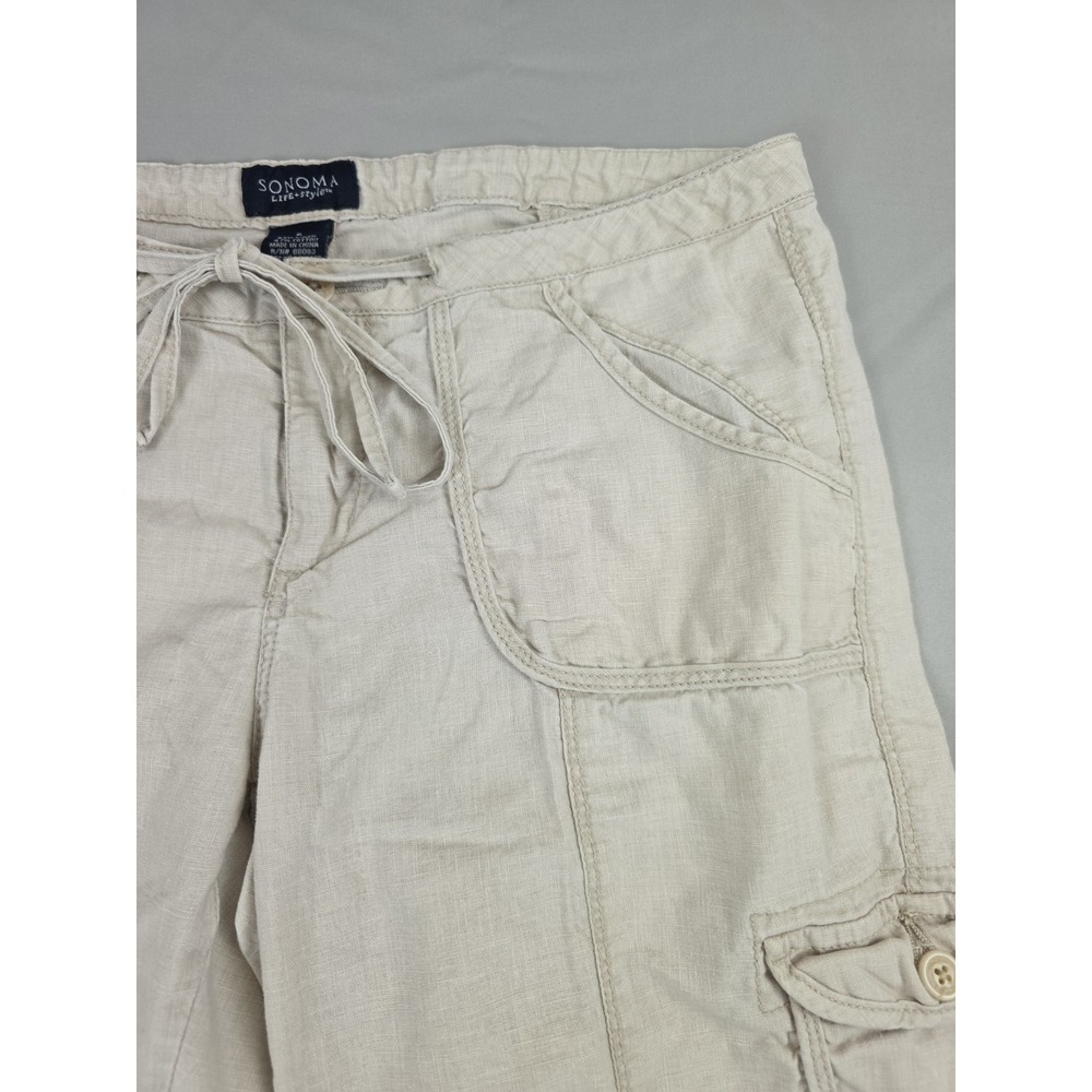 Sonoma Shorts Beige Womens 6 Linen Cotton Blend Bermuda Cargo Pockets Drawstring - Picture 3 of 14
